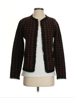 Max Studio London Houndstooth Fringe Jacket, Black Brown XS